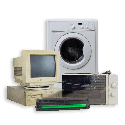 immagine di un vecchio computer, una lavatrice, un microonde e un toner per illustrare il servizio di ritiro e smaltimento raee, toner e cartucce a roma