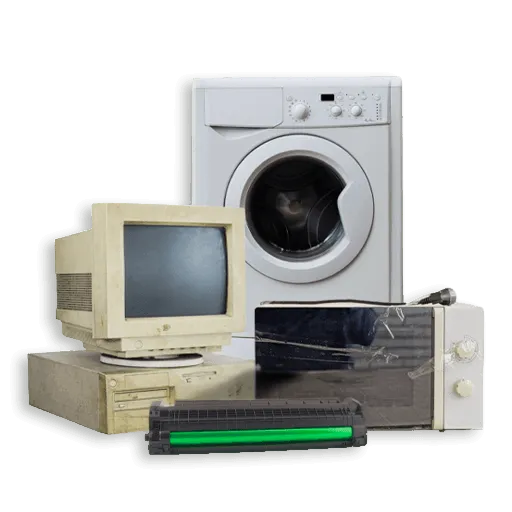immagine di un vecchio computer, una lavatrice, un microonde e un toner per illustrare il servizio di ritiro e smaltimento raee, toner e cartucce a roma