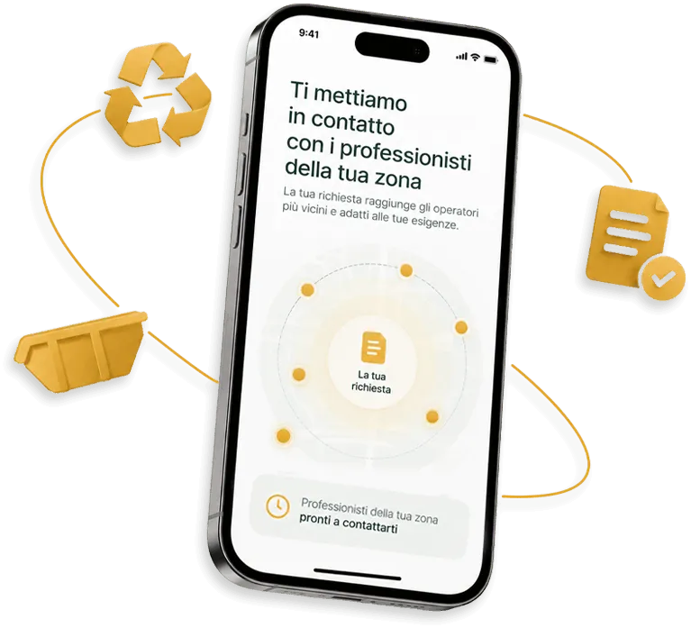 immagine di un telefono con icone fluttuanti per illustrare l'invio della richiesta di smaltimento rifiuti